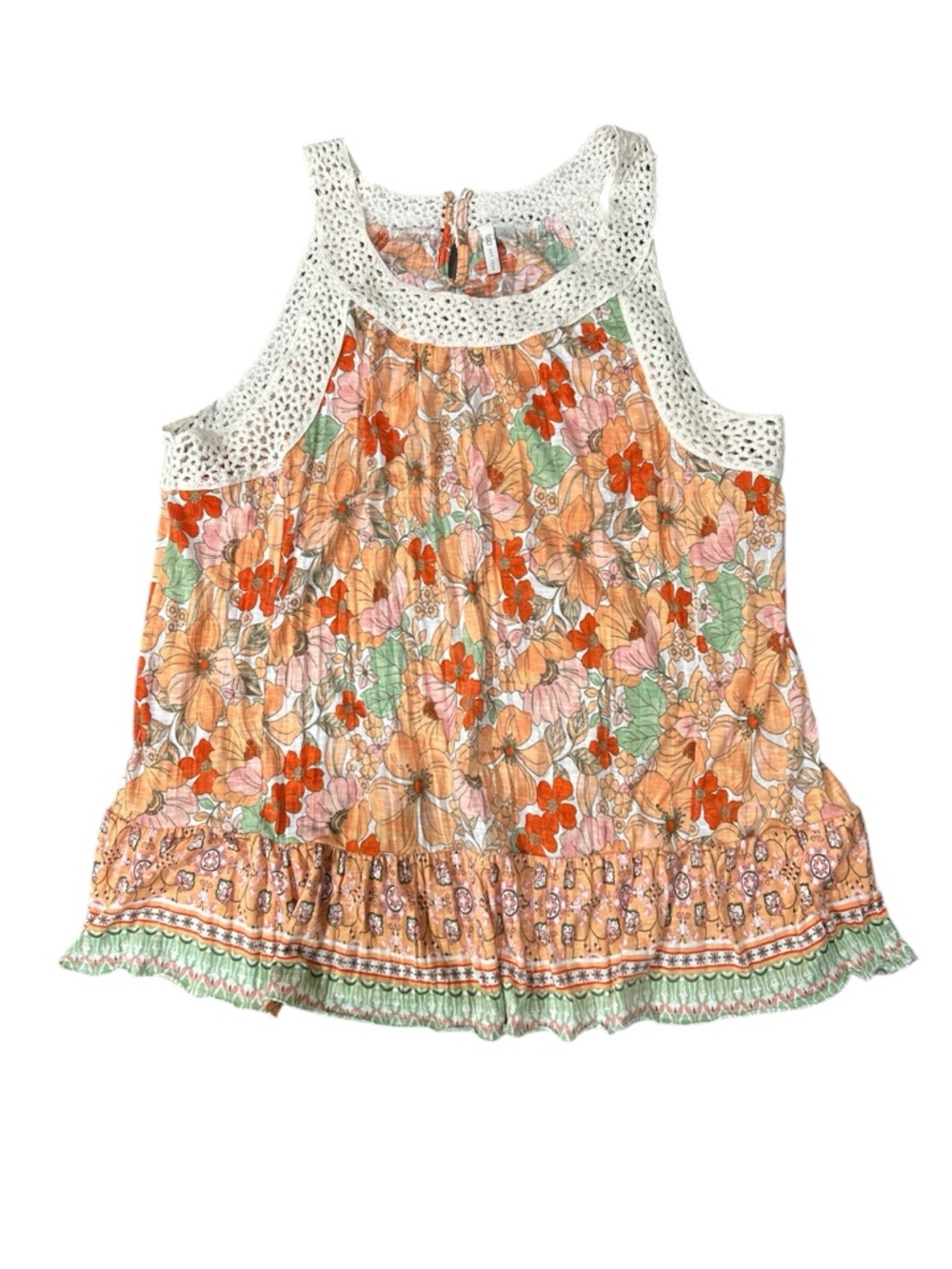 Cato Sleeveless Floral Crochet Yoke Tank Peach, Orange, Green sz L